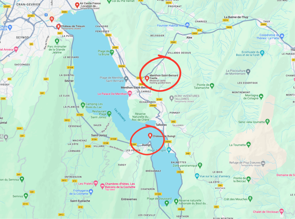 map indicating the location of two castles at lake annecy