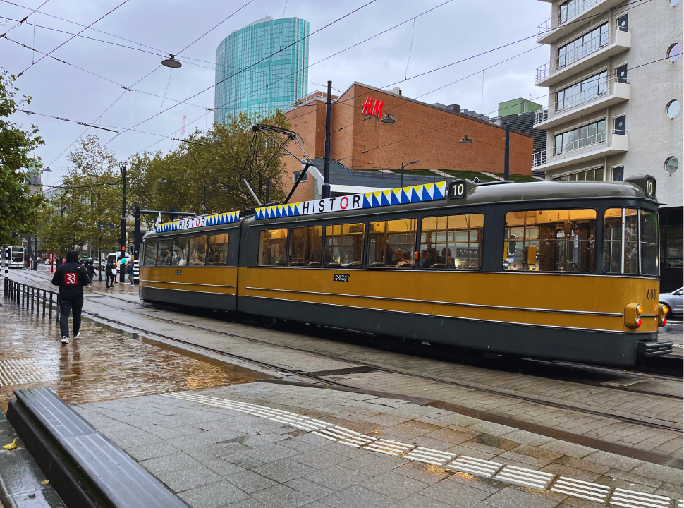 classic tram number 10  passing the shopping street in Rotterdam