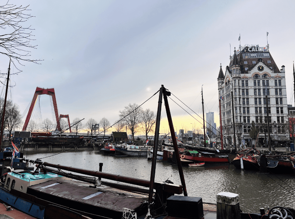 view of the oldens harbour in Rotterdam with het Witte Huis and the bridge Willemsbrug