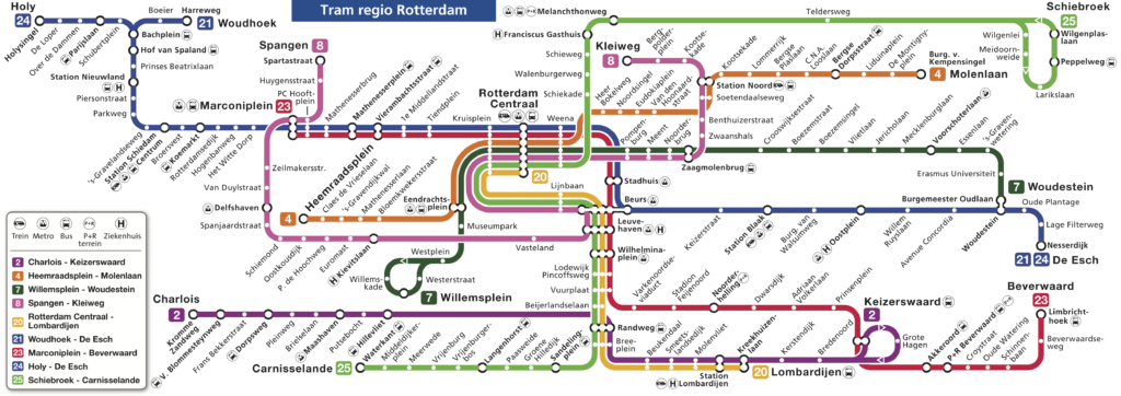 map of the tram lines in Rotterdam the Netherlands