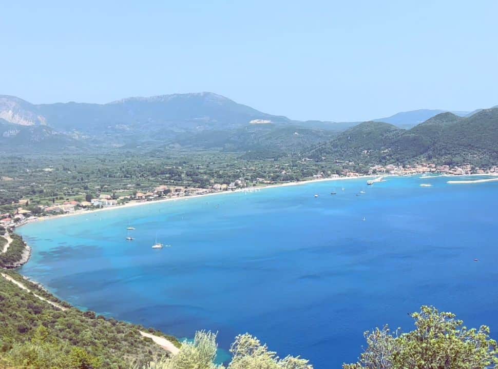 view from the mountains to the beach in vasiliki