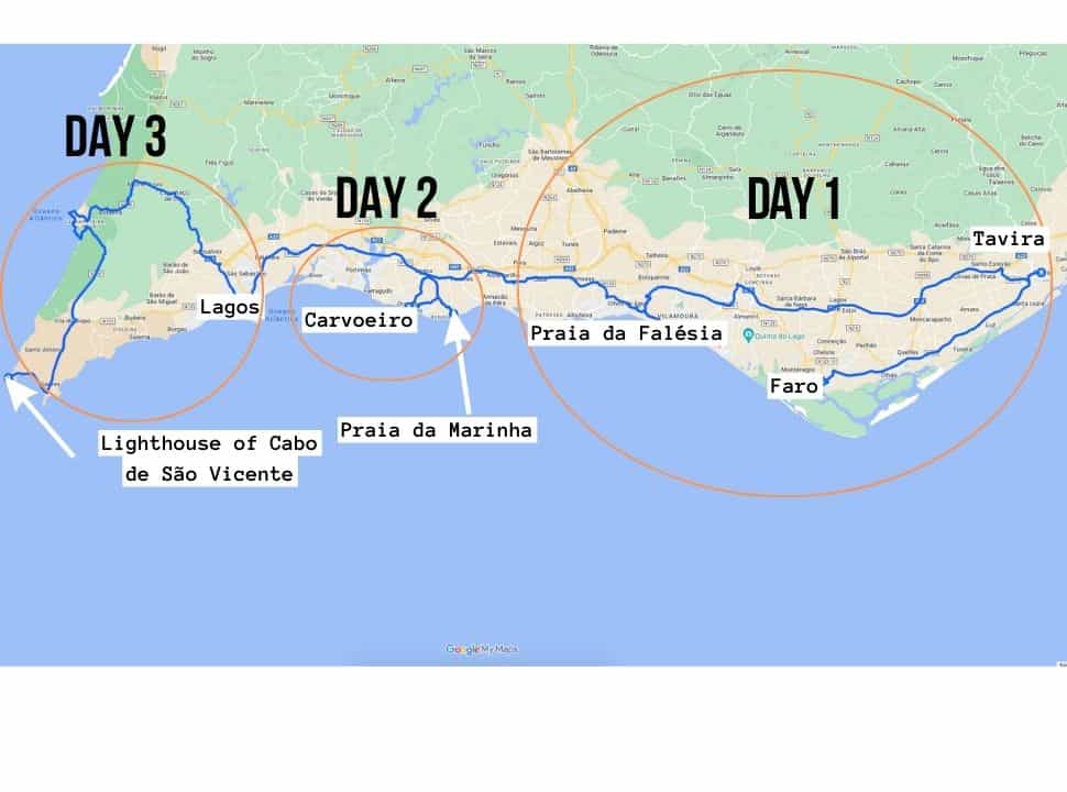 map with destinations of the Algarve road trip plus the area is indicated on which day you will be staying