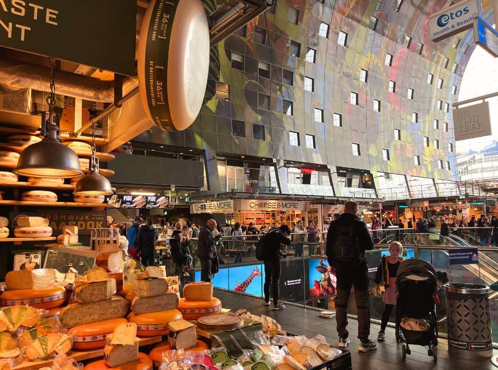 food stalls selling cheese and more at the Markthall in Rotterdam 