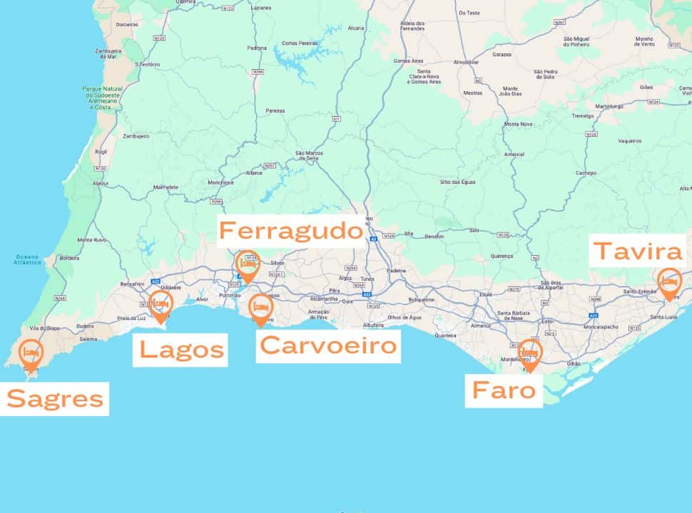 map with the 6 towns in the Algarve which we suggest visiting and or spending the night
