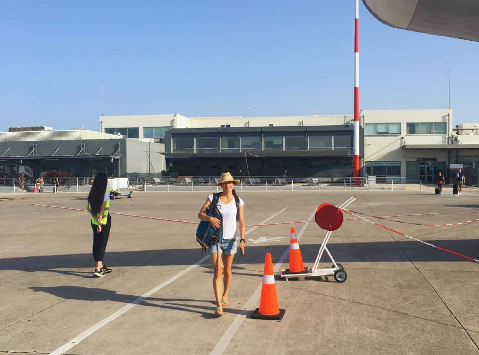 walking to the plane at the Preveza airport lefkada