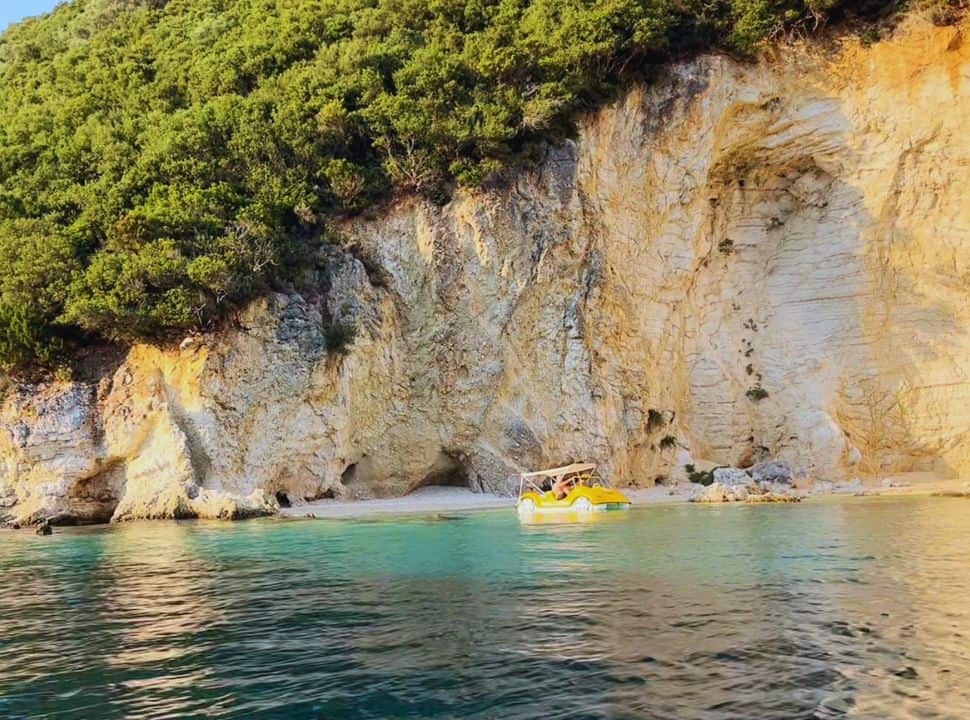 yellow paddle boat at deserted little beach near desemi beach lefkada