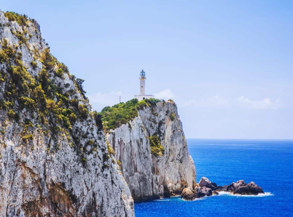 lighthouse on the edge of cape lefkatas in the southern tip of Lefkada