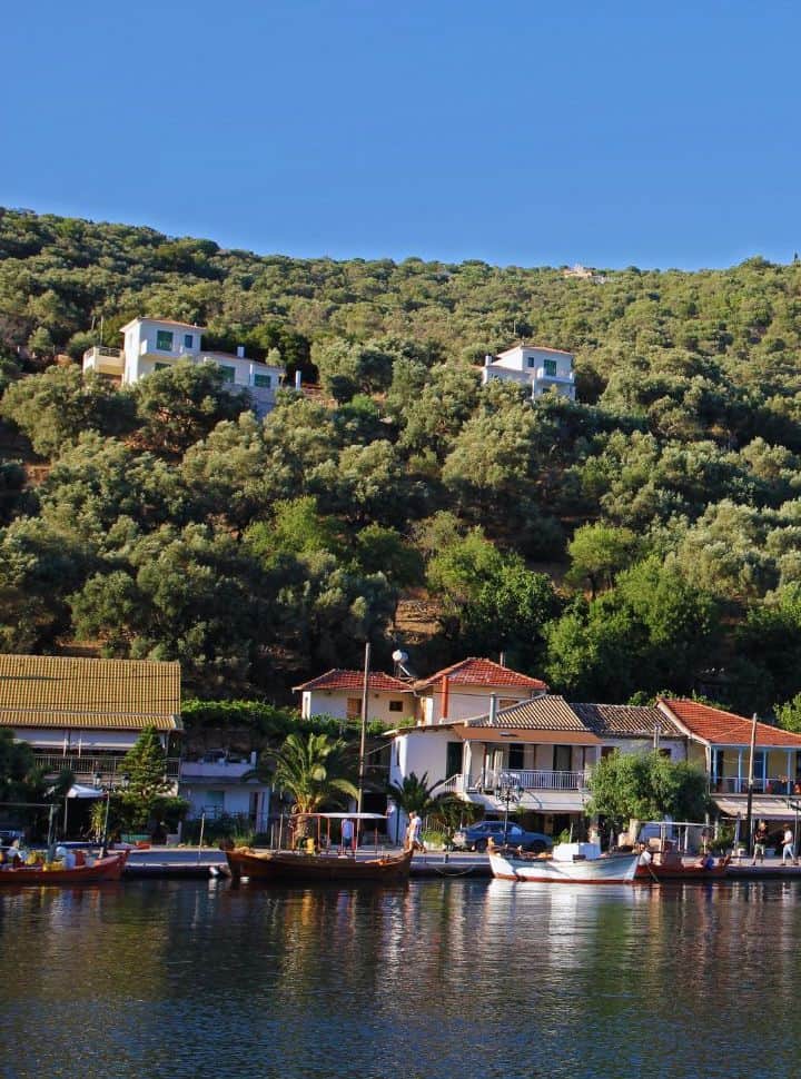 waterfront with boats and houses at Sivato village Lefkada