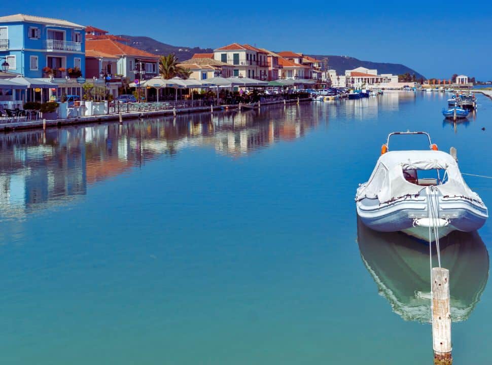 old town of Lefkada along the water with boats