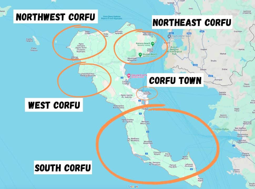 map of corfu, circles indicate the 5 areas