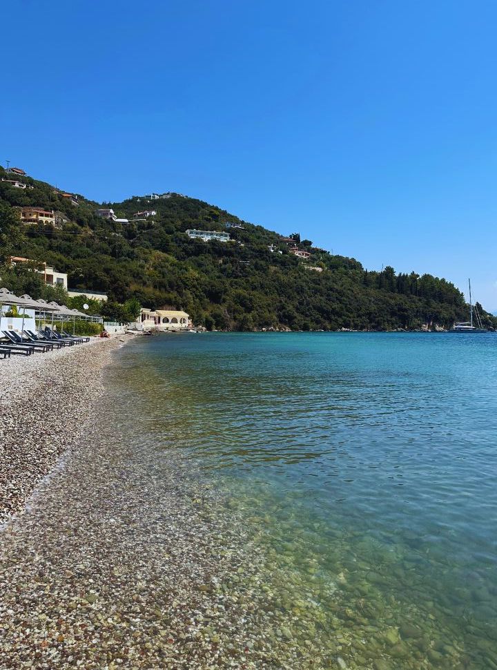 ocean shore of a quiet beach with villas located in the hills in the background