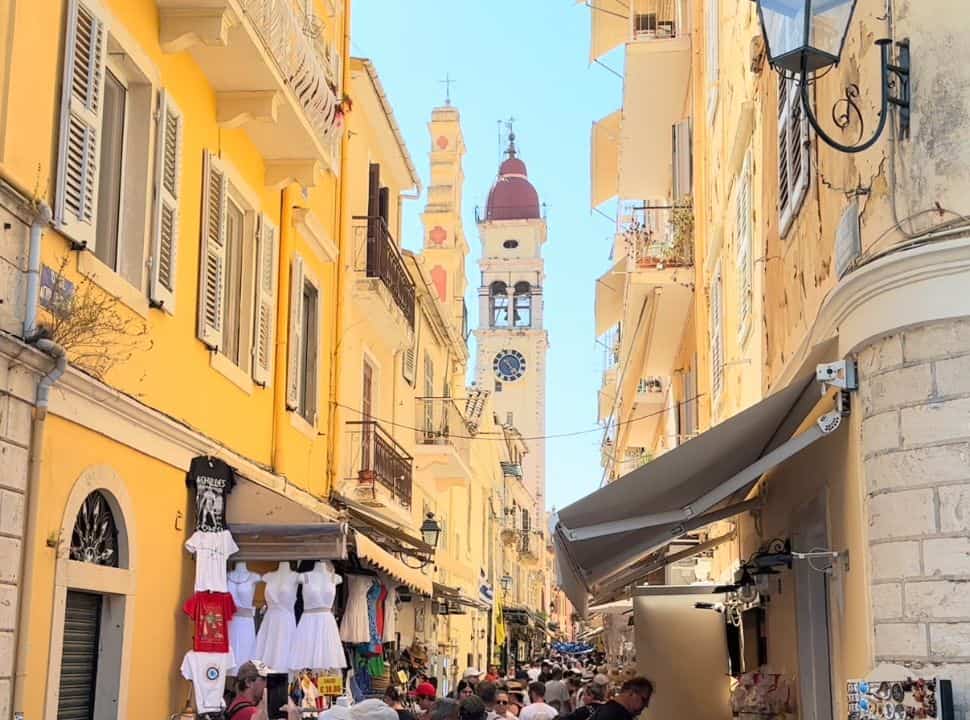 church set within the narrow and busy street of corfu old town