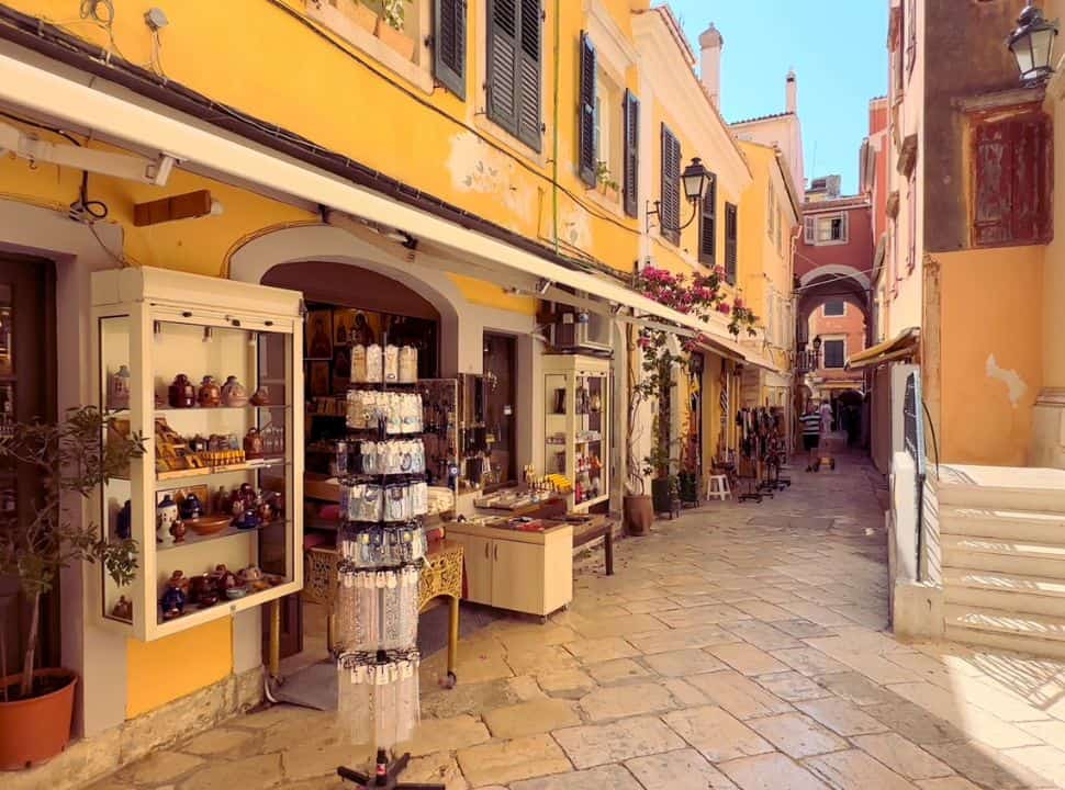 shops display the products in the narrow streets of corfu