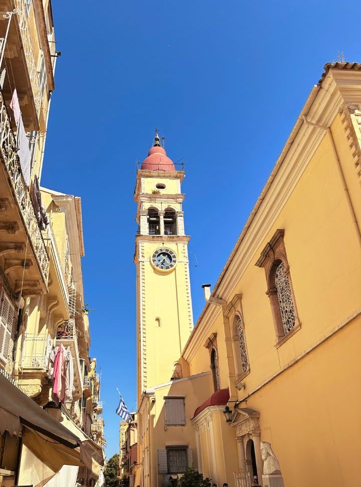 the bell tower with the red tip of saint spyridon