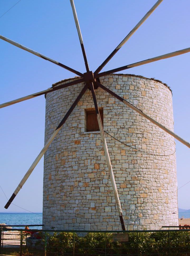 close up of anemomylos windmill on corfu island