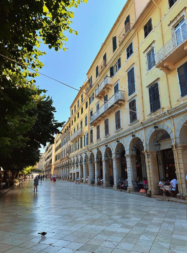 view of the liston buildings in corfu town known for its arches where you can find restaurants