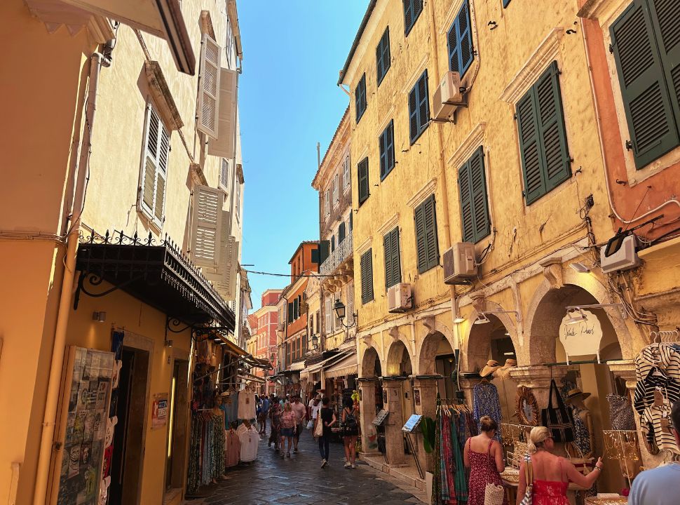 shops located within the historical buildings and narrow street in corfu town