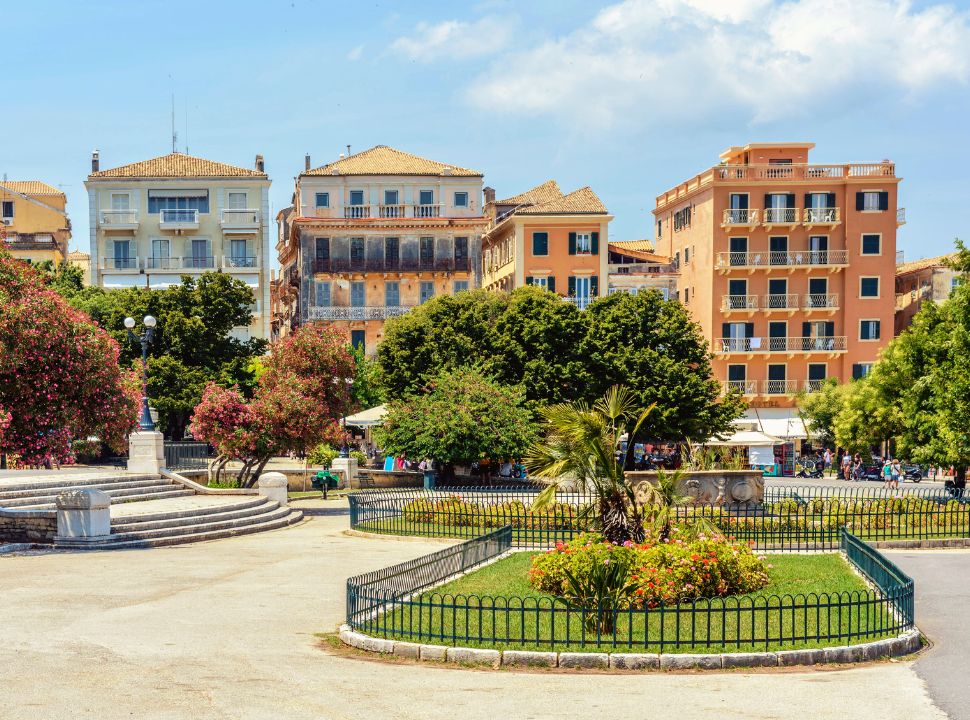 view of a row of historical buildings location along spianada sqaure in corfu old town