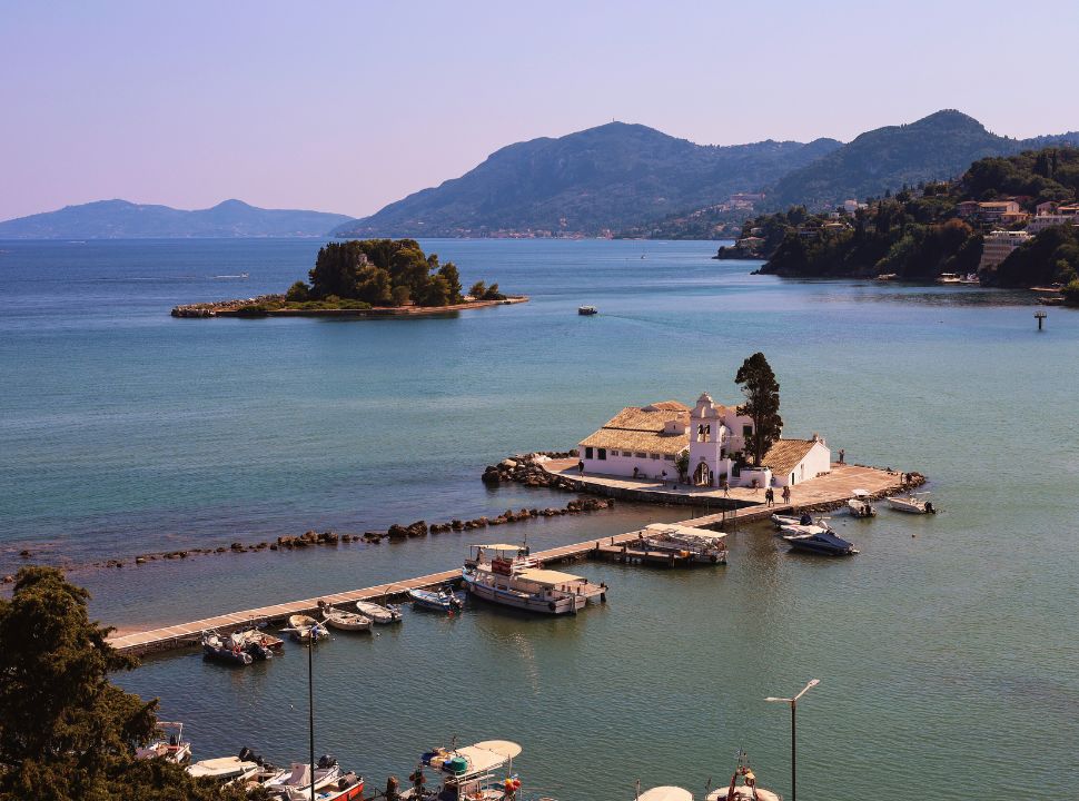 view of the vlacherna monastry and mouse island near corfu town