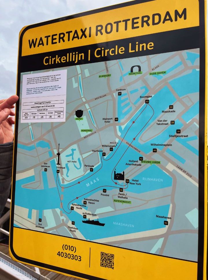 sign of the water taxi circle line in Rotterdam with a map of all the stops 