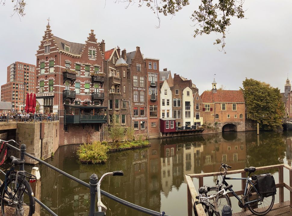 historic dutch buildings set along a canal in the old Delfshaven in Rotterdam