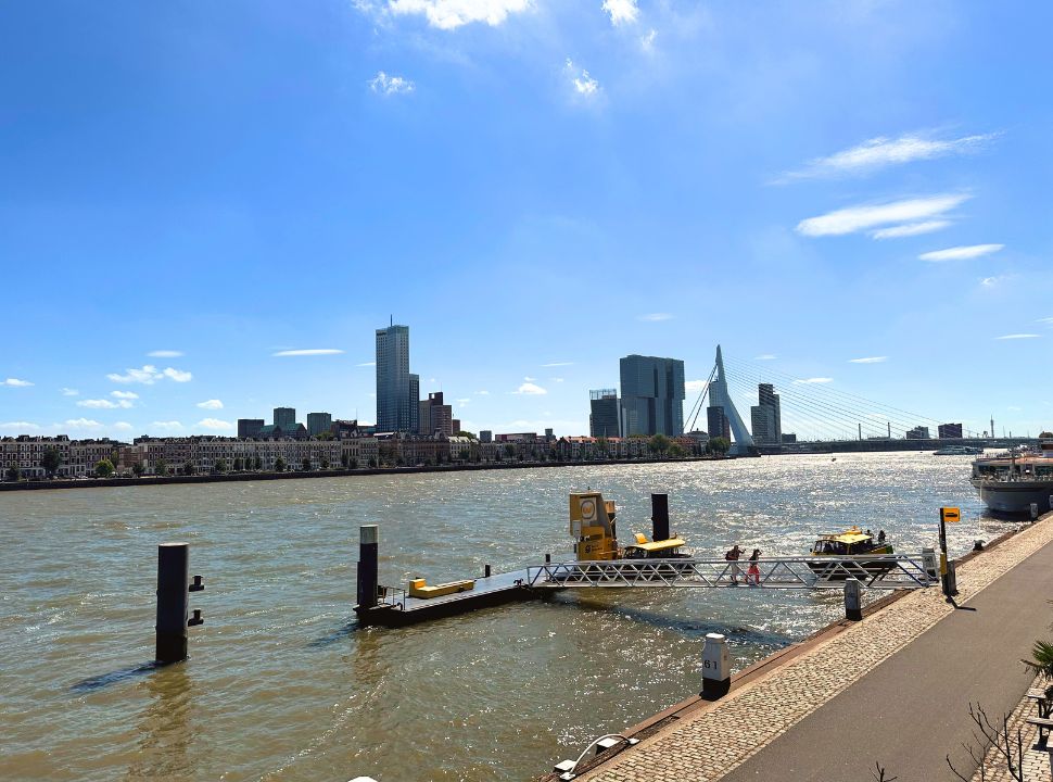 Small walkway along the large river Mass with the famous Erasmus bridge and the tall Rotterdam building in the distance