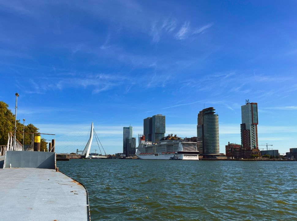 View of the Wilhelminekade with the historic Holland New York building and other high rise buildings. The Erasumus is also visible