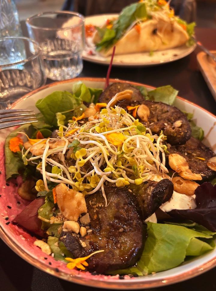 aubergine and goat cheese salad at a vegetarian salad