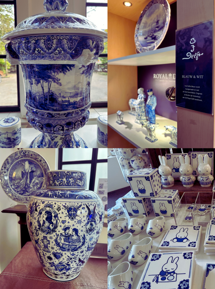 collage of various types of delft blue ceramics: vase with traditional painting, statues of a farmers, vase with modern tattoo art, and nijntje also known as miffy