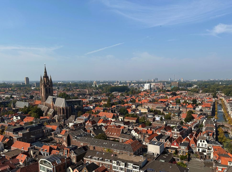 view of delft city from above, including the old church