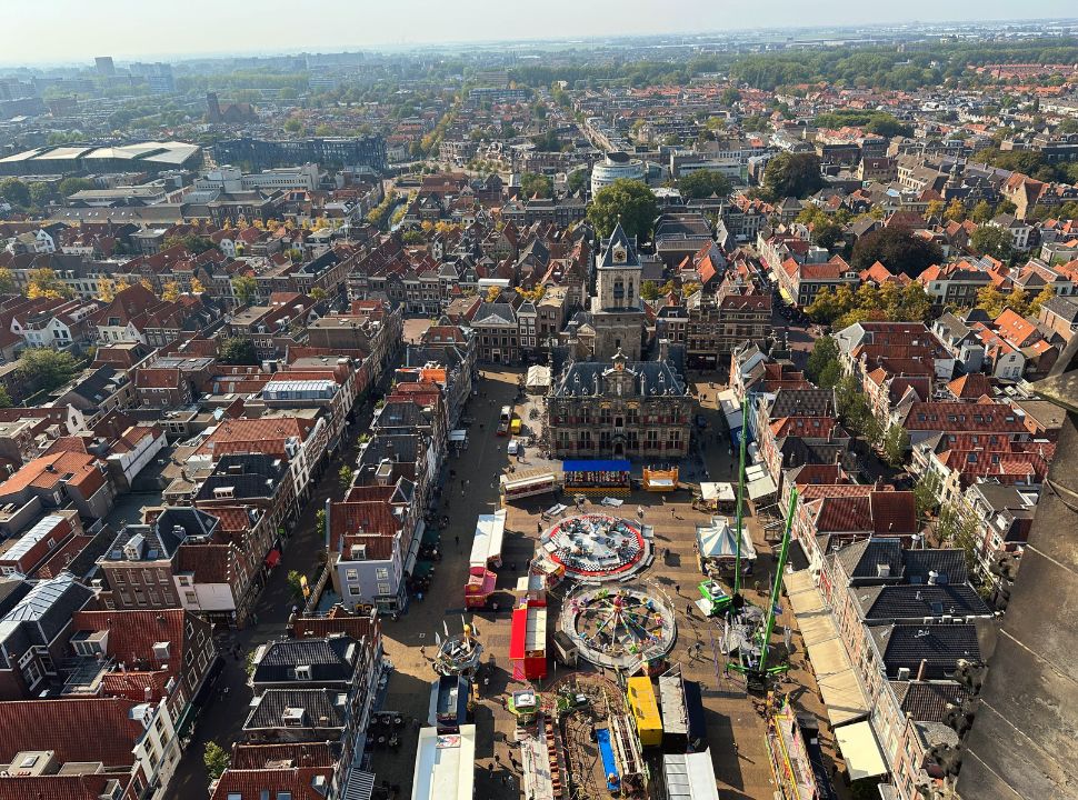 View from delft markt sqaure and the city hall from the tower high up