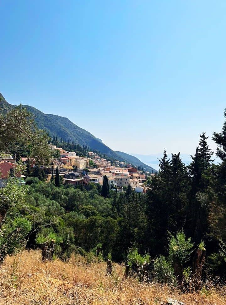 view of a mountain village in the east of Corfu island 