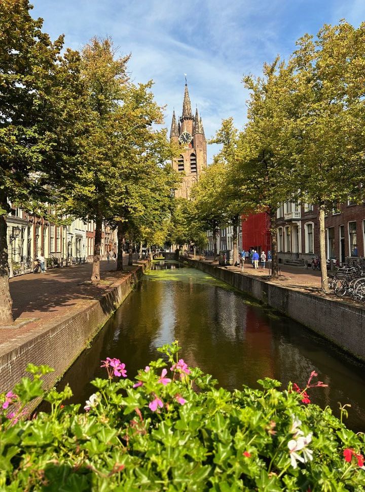 flowers at a canal with on both sides old historic dutch houses. The old church with its leaning tower is located at the end of this canal