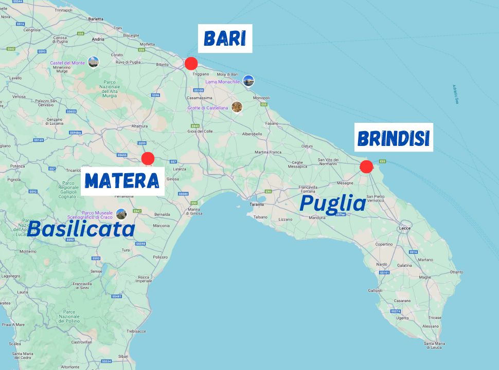 map with the location of Matera in the region Basilicata, and Bari and Brindisi in the region Puglia