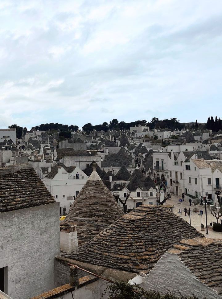 view of Alberobello town with the famous trulli houses with cone formed rooftops