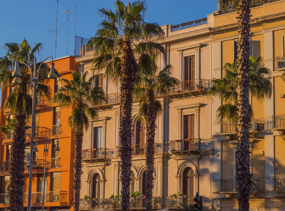 tall colourful houses in Bari Puglia with palm trees in front