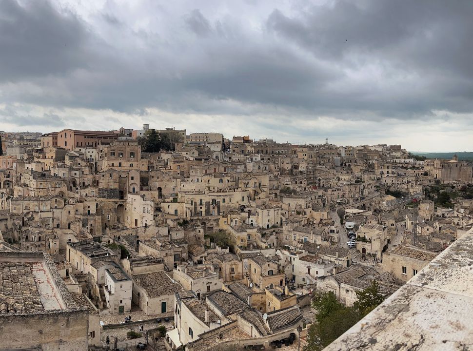 view of Matera standing from the viewpoint at Chiesa di San Pietro Caveoso
