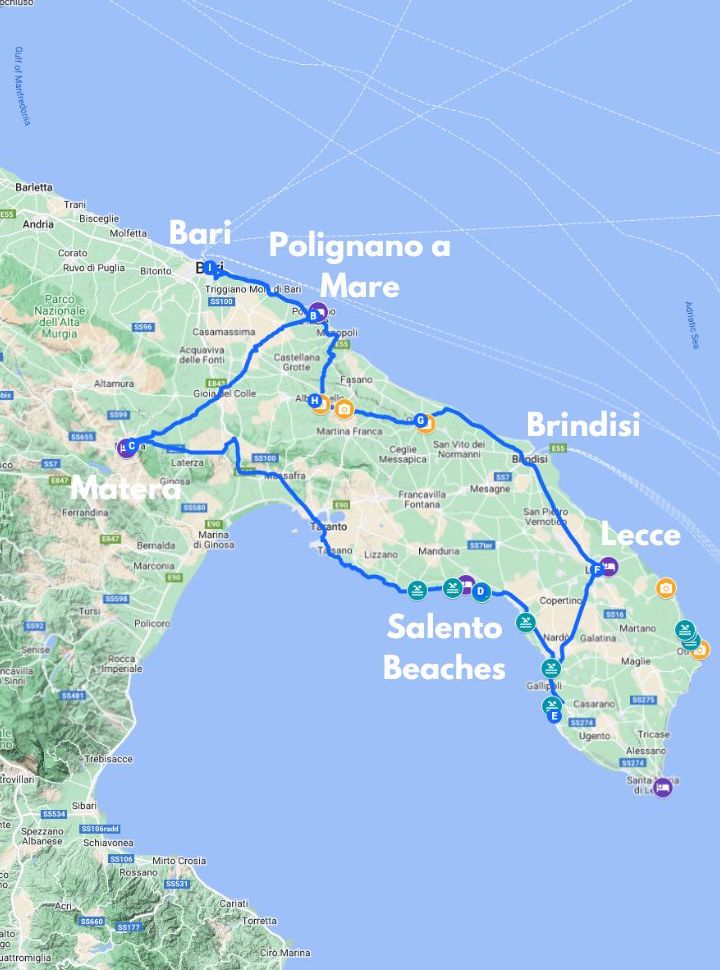 map of the 7 day Puglia itinerary with the stops per day