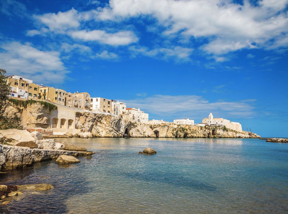 the town vieste puglia viewed from the beach cliffs