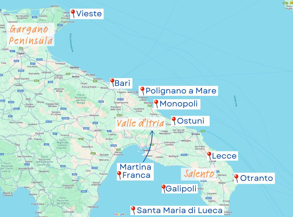 puglia map with towns suggested highlighted 