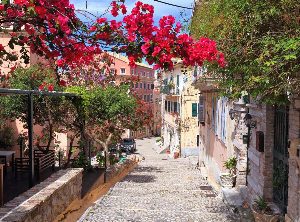 quiet street in one of the towns in Corfu