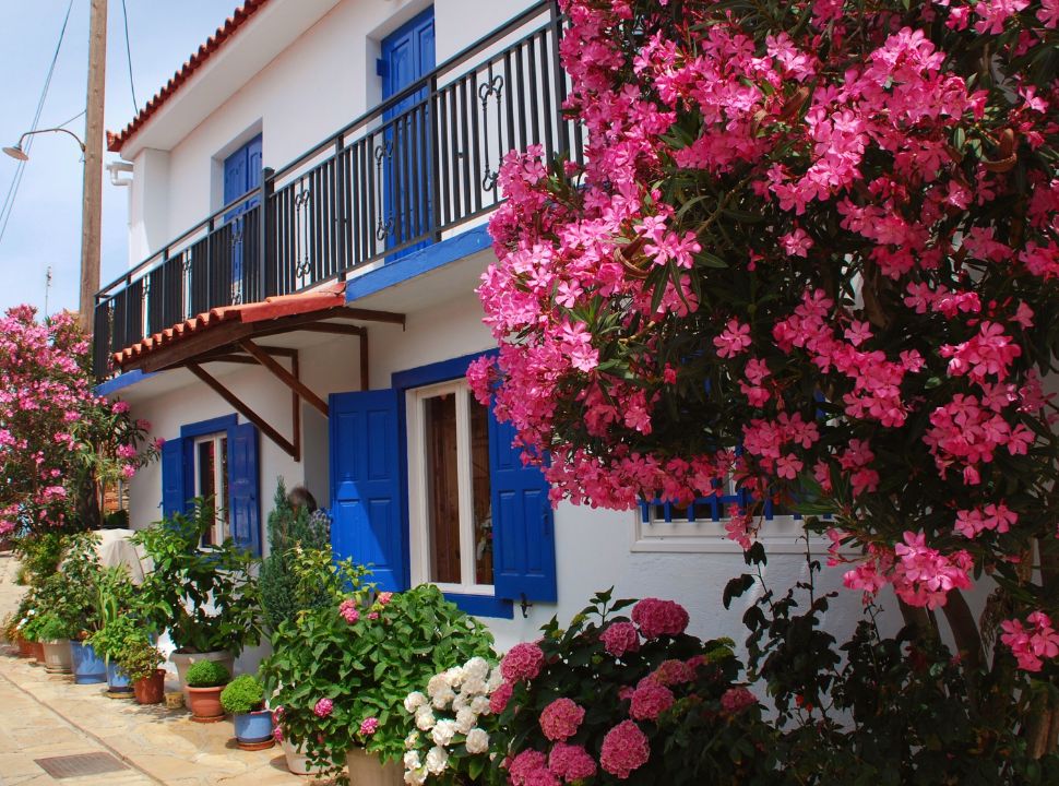 house in greece with traditional blue shutters