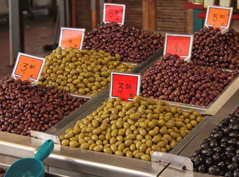 olives for sale in a Greek food stall