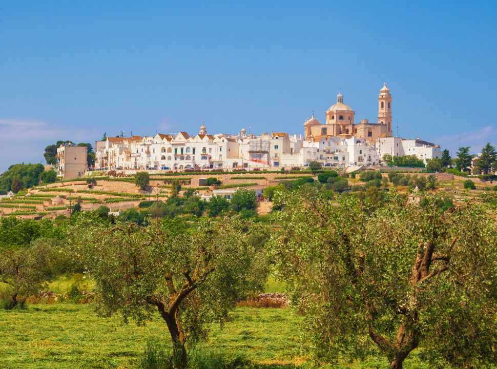 a small town perched on the hill surrounded by olive groves in puglia italy