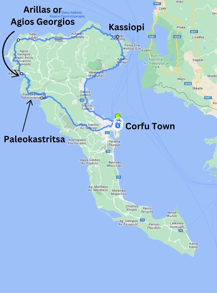 corfu itinerary map road trip 7 days with locations where you'll be staying a night