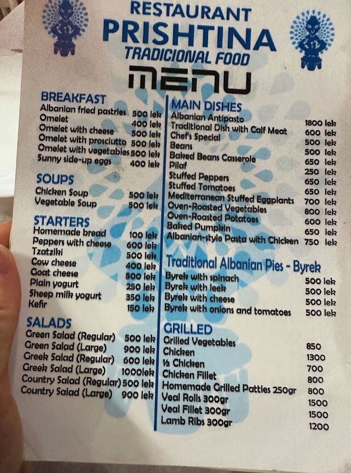 a menu with all the dishes and prices served in Albania