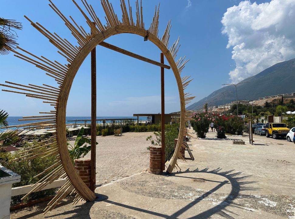 entrance to a beach club at Drymades beach