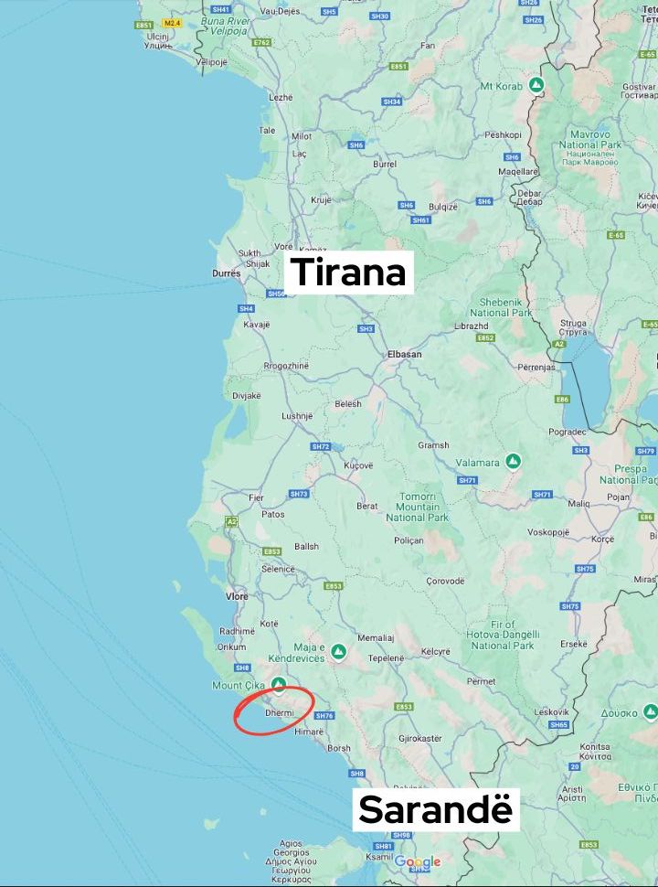 map of Albania with the location of dhermi circled in red