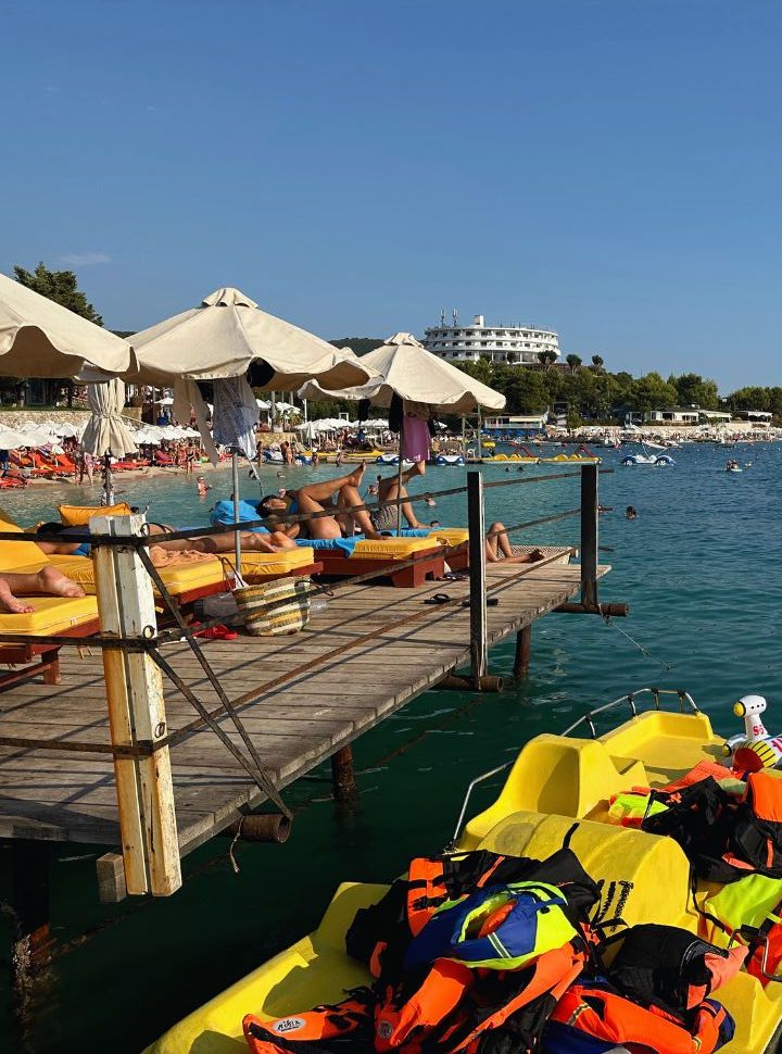 waterfront overcrowded with sun beds and people at Ksamil beach