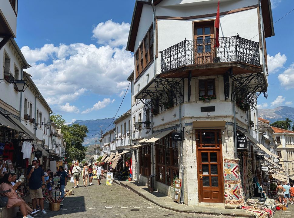 the main shopping street with old styled houses in Gjirokaster Albania